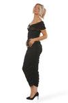 MESH BARDOT GOLD TRIM RUCHED MAXI DRESS | BLACK
