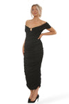 MESH BARDOT GOLD TRIM RUCHED MAXI DRESS | BLACK