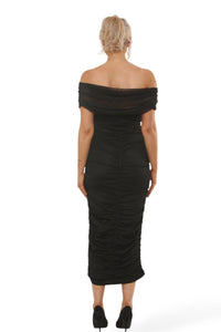 MESH BARDOT GOLD TRIM RUCHED MAXI DRESS | BLACK