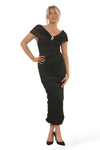MESH BARDOT GOLD TRIM RUCHED MAXI DRESS | BLACK