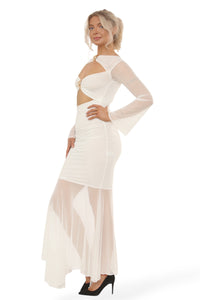 GOLD TRIM MESH CUT OUT DROPPED HEM MAXI DRESS | IVORY