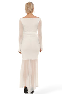 GOLD TRIM MESH CUT OUT DROPPED HEM MAXI DRESS | IVORY