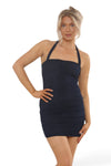 MESH RUCHED HALTERNECK MINI DRESS  | NAVY