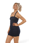 MESH RUCHED HALTERNECK MINI DRESS  | NAVY