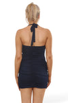 MESH RUCHED HALTERNECK MINI DRESS  | NAVY