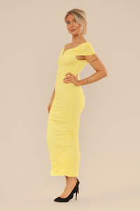 GOLD TRIM MESH CUT OUT DROPPED HEM MAXI DRESS | BUTTER YELLOW