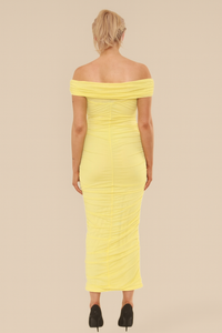 GOLD TRIM MESH CUT OUT DROPPED HEM MAXI DRESS | BUTTER YELLOW