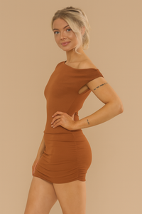 ONION SKIN ASYMMETRIC MINI DRESS | RUST