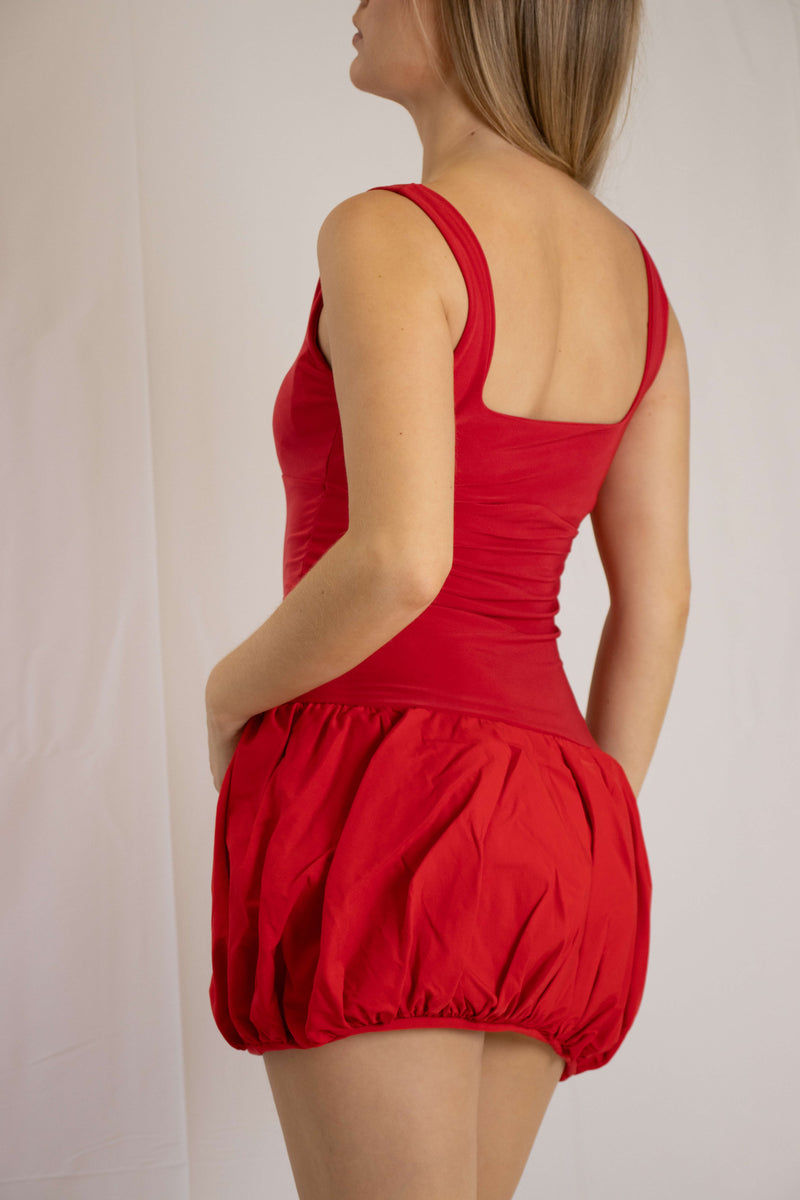PUFF BALL HEM MICRO MINI DRESS | RED
