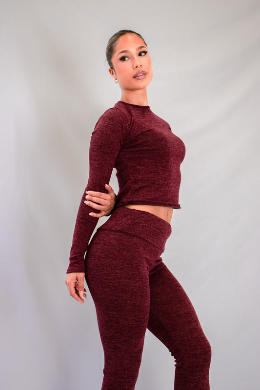 Women's Maroon Off-Shoulder Ribbed Knit Set