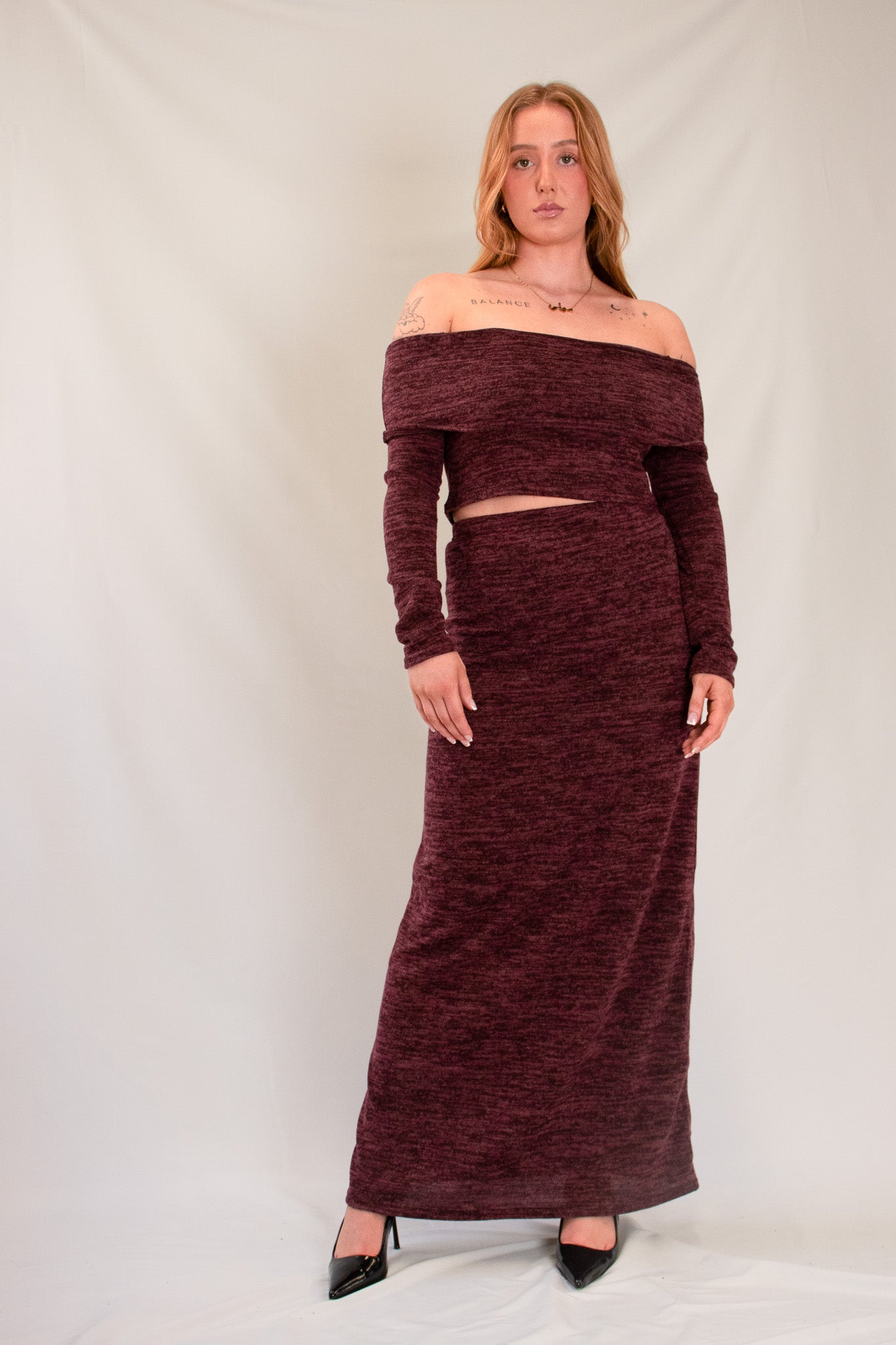 BARDOT LONG SLEEVE CROP & MAXI SKIRT CO-ORD | BURGUNDY