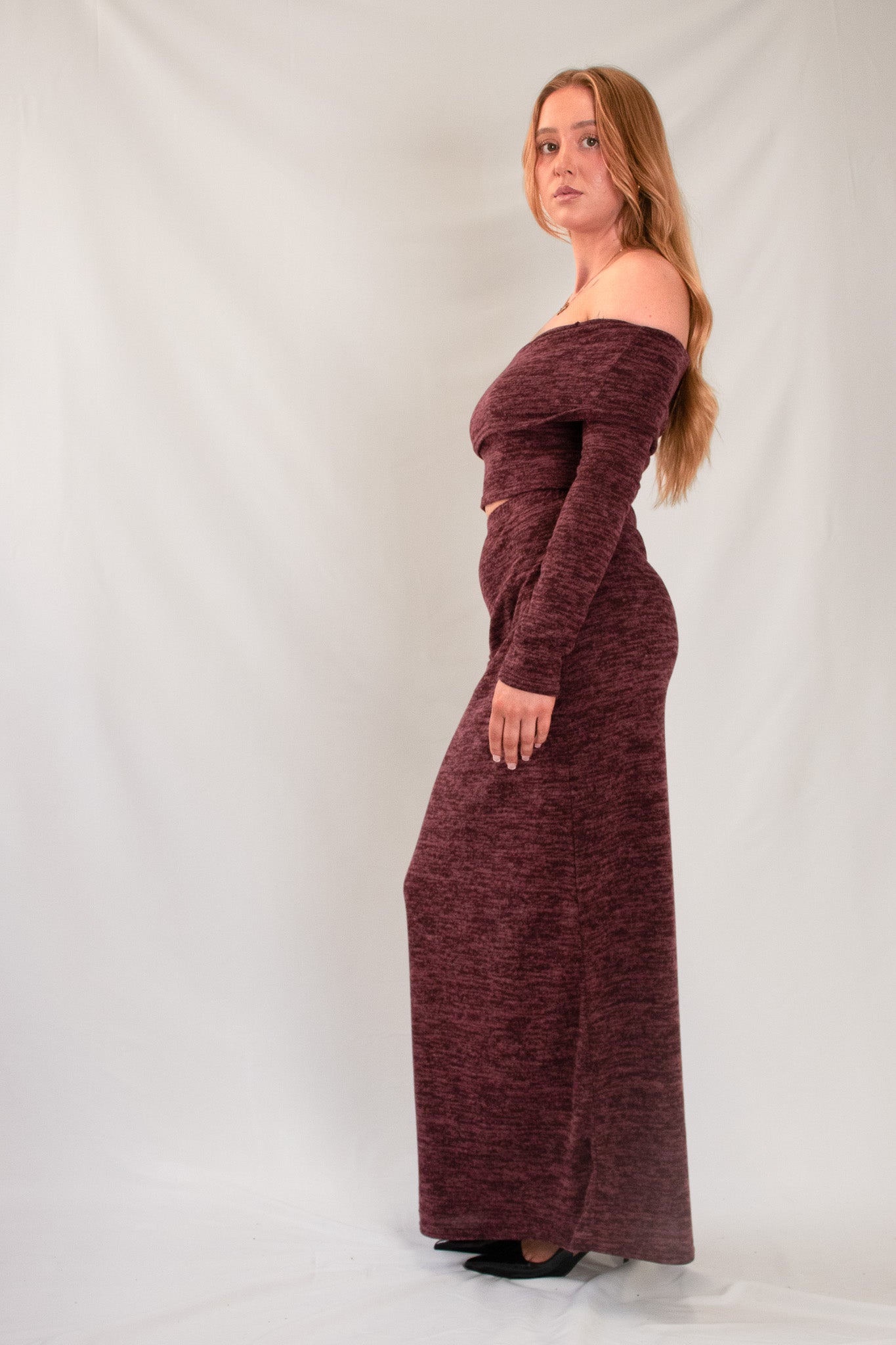 BARDOT LONG SLEEVE CROP & MAXI SKIRT CO-ORD | BURGUNDY