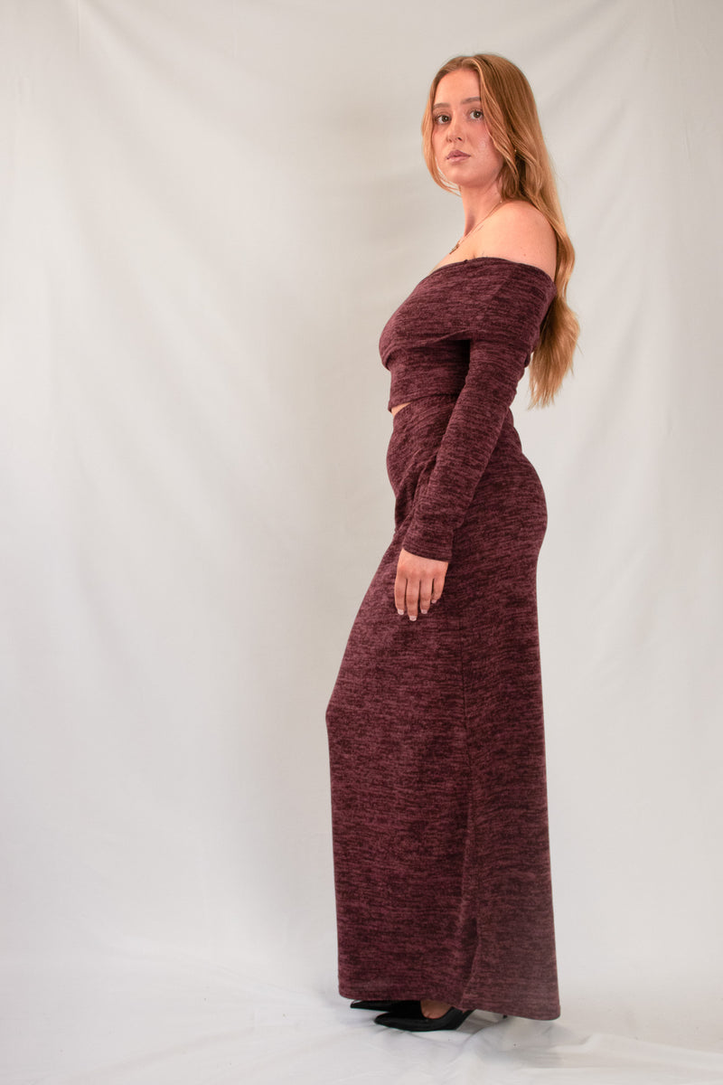 BARDOT LONG SLEEVE CROP & MAXI SKIRT CO-ORD | BURGUNDY