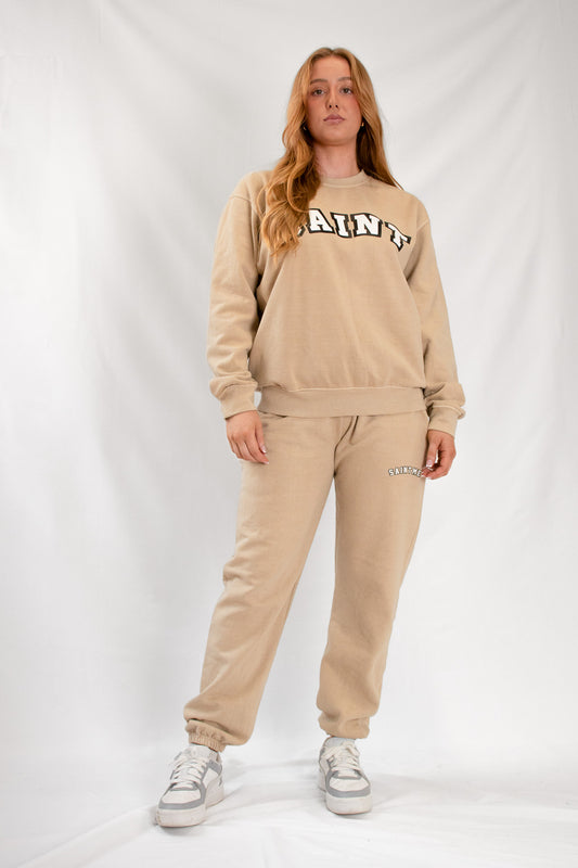 Women's Beige Crewneck Sweatshirt and Jogger Set