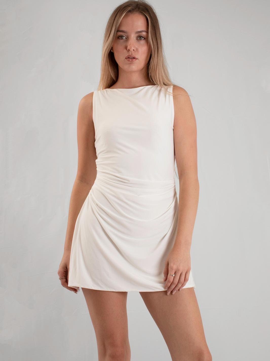 Ivory Drape Mini Dress – Sleeveless Elegant Ruched Bodycon Dress