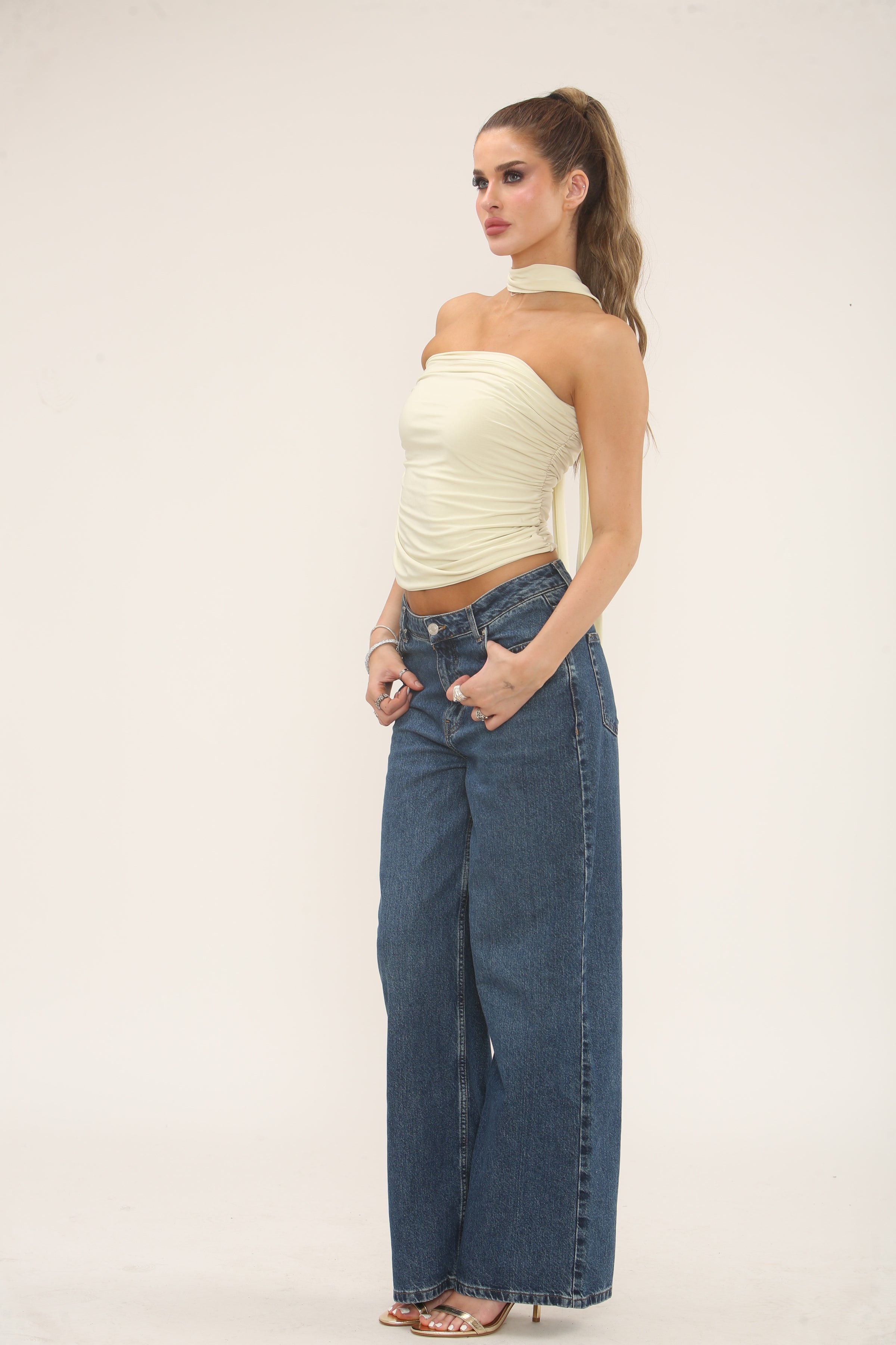 SCARF DETAIL LONG TOP | CREAM