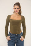SQUARE NECK LONG SLEEVE BODYSUIT | KHAKI