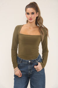 SQUARE NECK LONG SLEEVE BODYSUIT | KHAKI
