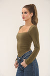 SQUARE NECK LONG SLEEVE BODYSUIT | KHAKI