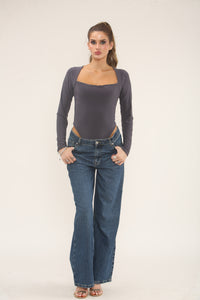 SQUARE NECK LONG SLEEVE BODYSUIT | GREY