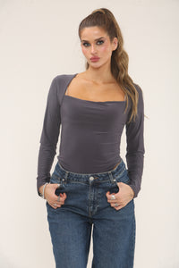 SQUARE NECK LONG SLEEVE BODYSUIT | GREY