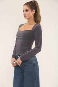 SQUARE NECK LONG SLEEVE BODYSUIT | GREY
