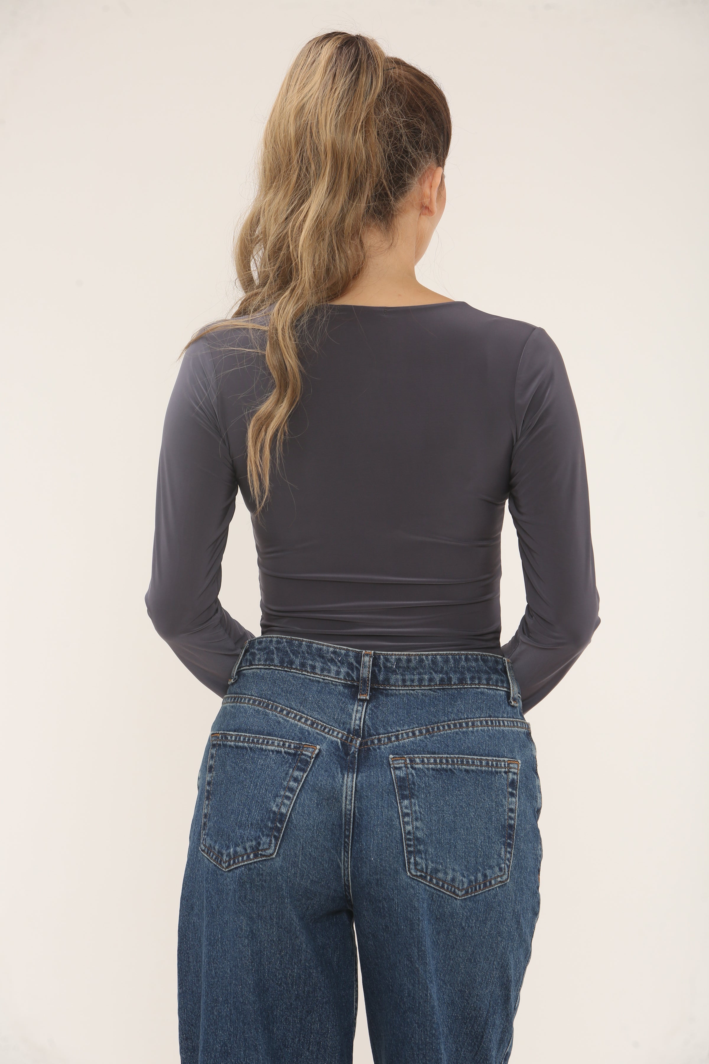 SQUARE NECK LONG SLEEVE BODYSUIT | GREY
