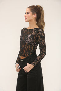 LACE LONG SLEEVE TOP | BLACK