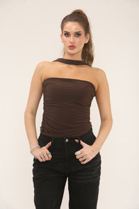 SCARF DETAIL LONG TOP | CHOCOLATE