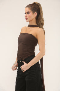 SCARF DETAIL LONG TOP | CHOCOLATE
