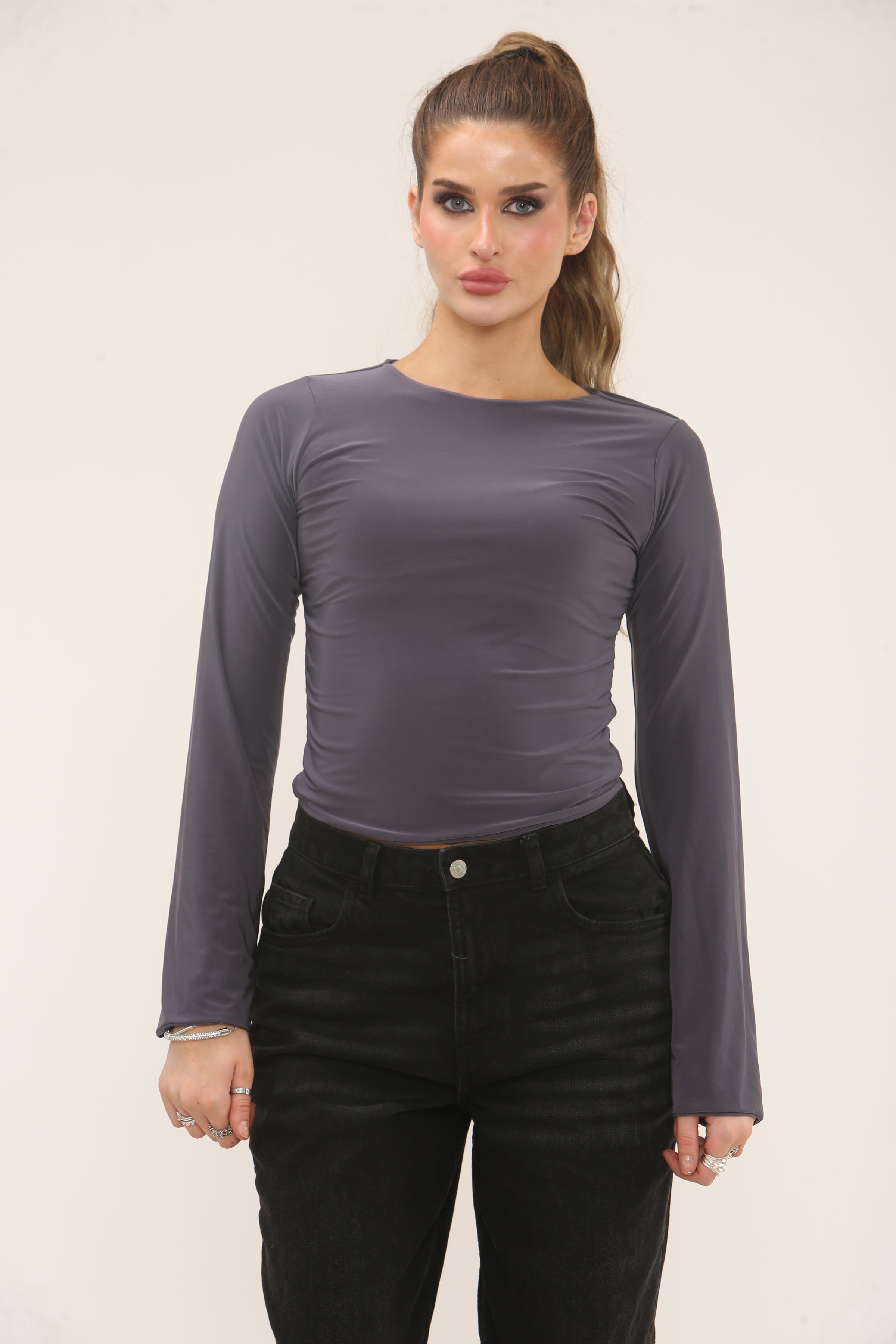 LONG SLEEVE FITTED CROP | GREY
