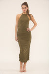 HALTERNECK RUCHED MIDI | KHAKI