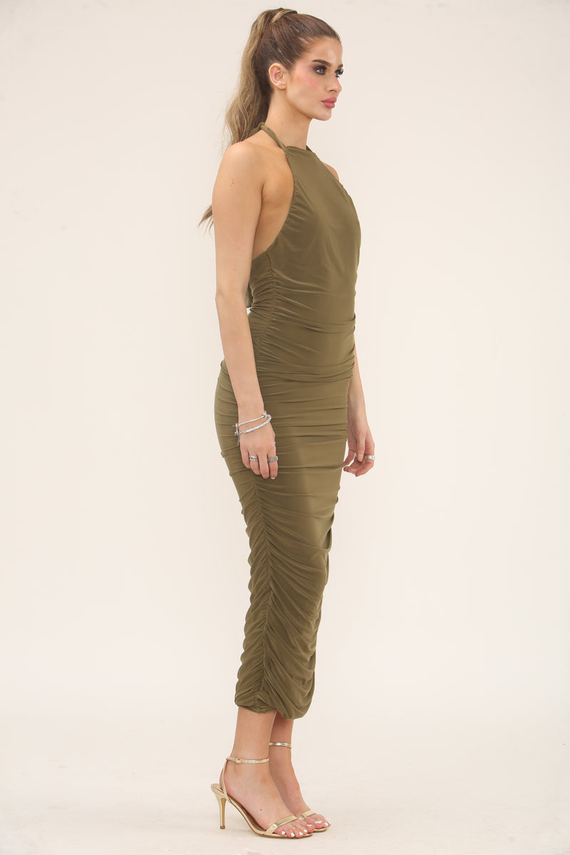 HALTERNECK RUCHED MIDI | KHAKI