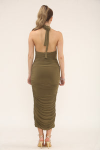 HALTERNECK RUCHED MIDI | KHAKI