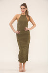HALTERNECK RUCHED MIDI | KHAKI