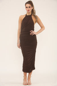HALTERNECK RUCHED MIDI | CHOCOLATE