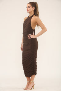 HALTERNECK RUCHED MIDI | CHOCOLATE