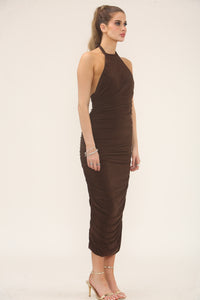 HALTERNECK RUCHED MIDI | CHOCOLATE