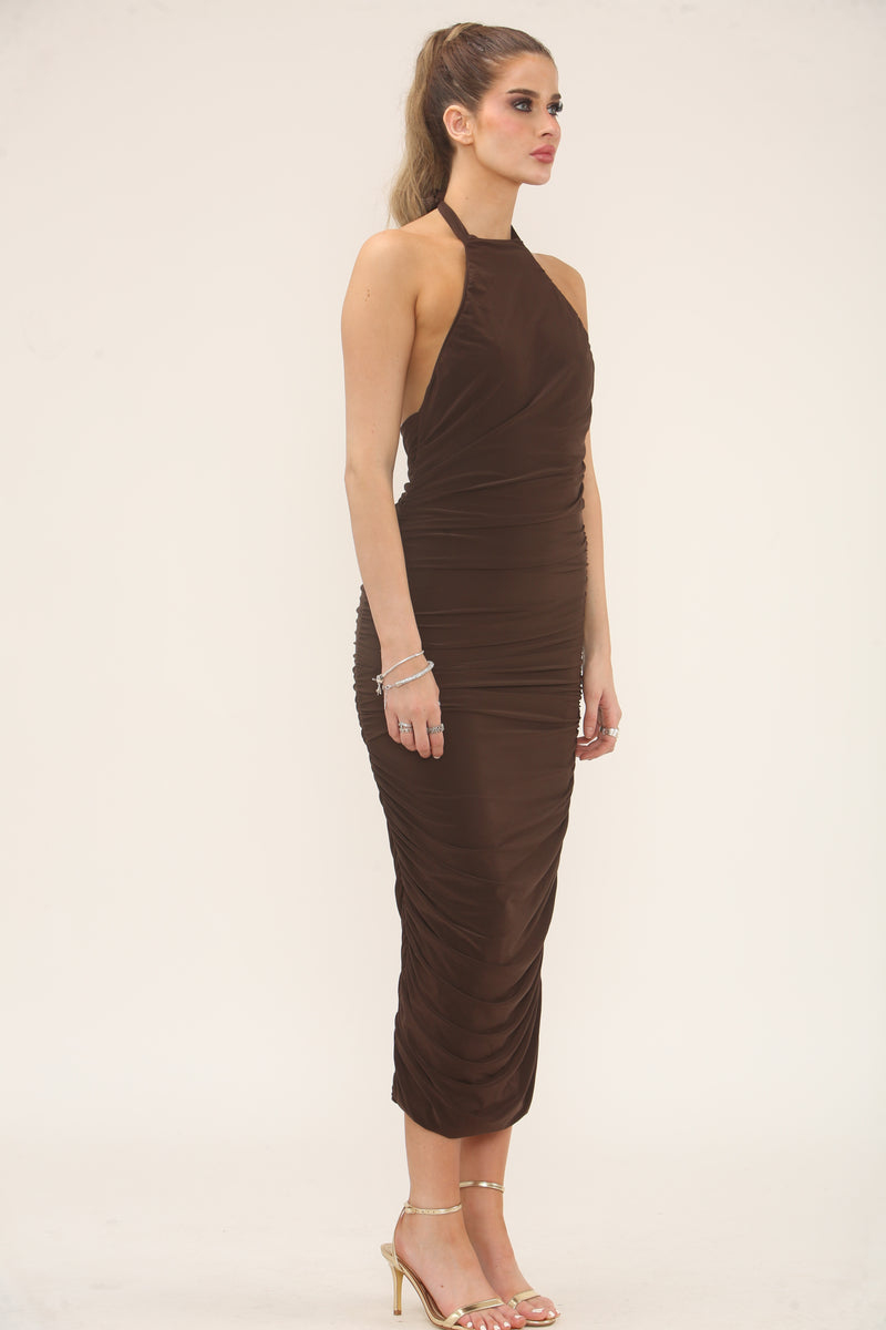HALTERNECK RUCHED MIDI | CHOCOLATE