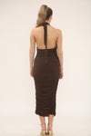 HALTERNECK RUCHED MIDI | CHOCOLATE