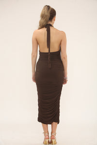 HALTERNECK RUCHED MIDI | CHOCOLATE