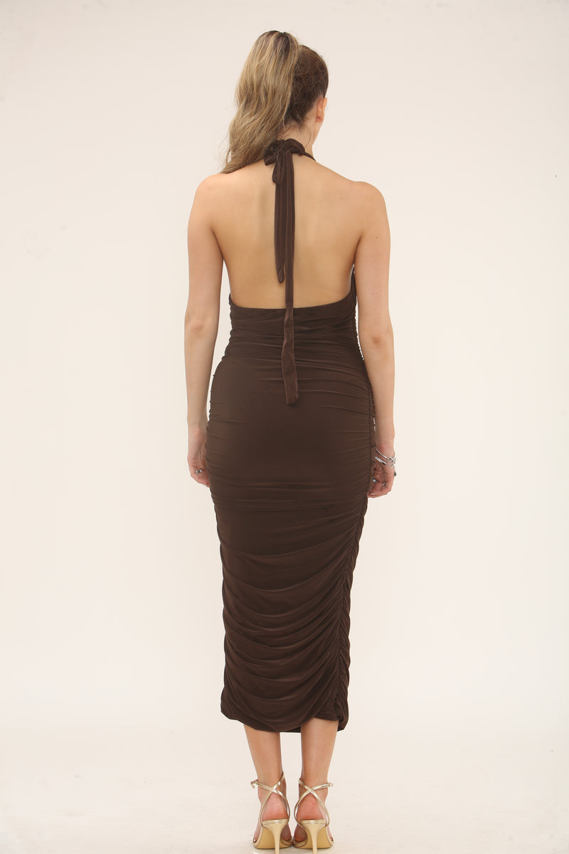 HALTERNECK RUCHED MIDI | CHOCOLATE