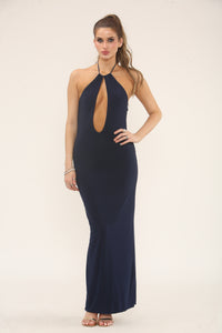HALTERNECK PLUNGE CUT OUT MAXI | NAVY