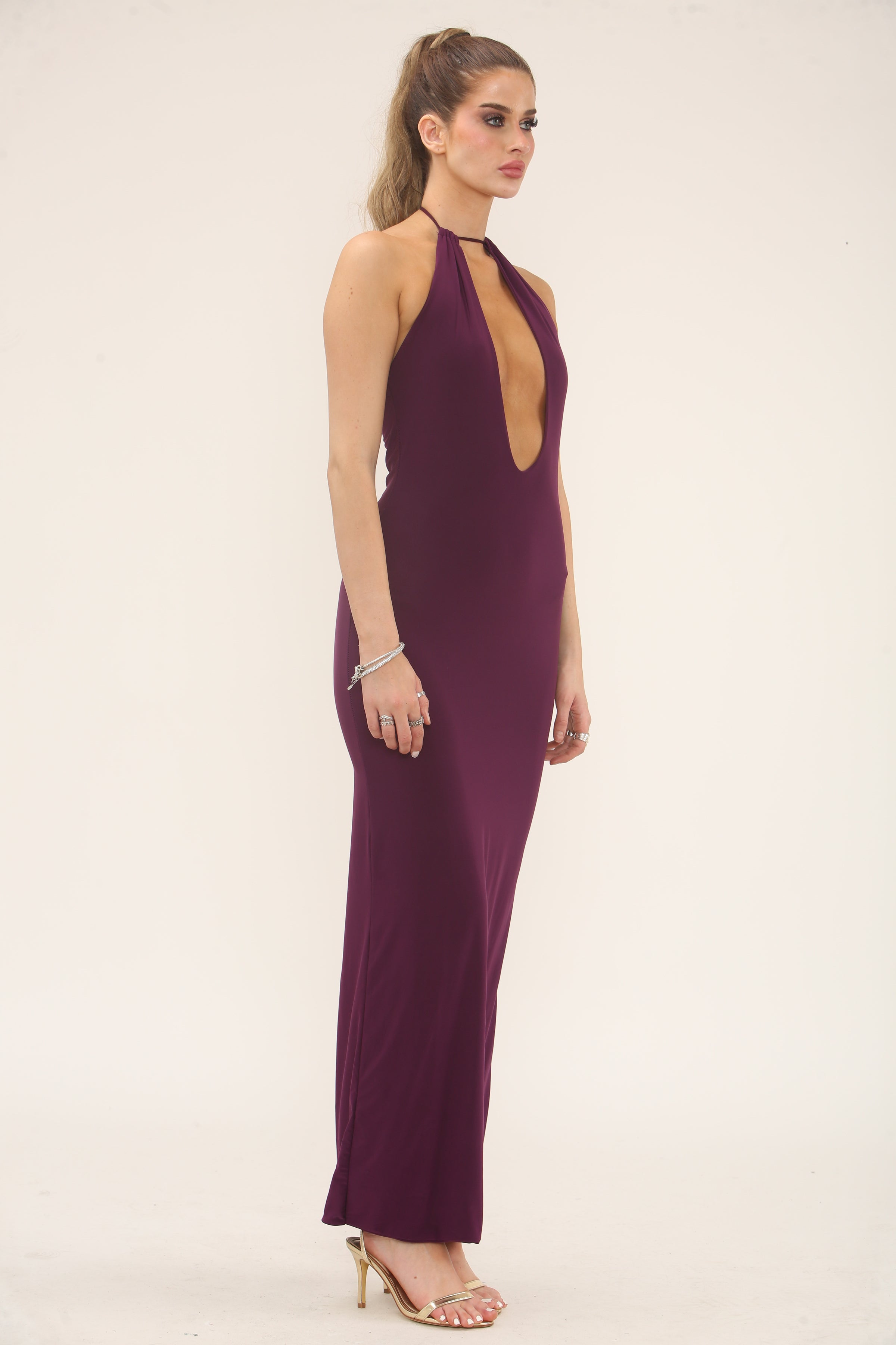 HALTERNECK PLUNGE CUT OUT MAXI | PURPLE