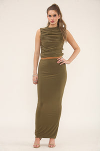 RUCHED TOP & MAXI SKIRT CO-ORD SET | KHAKI