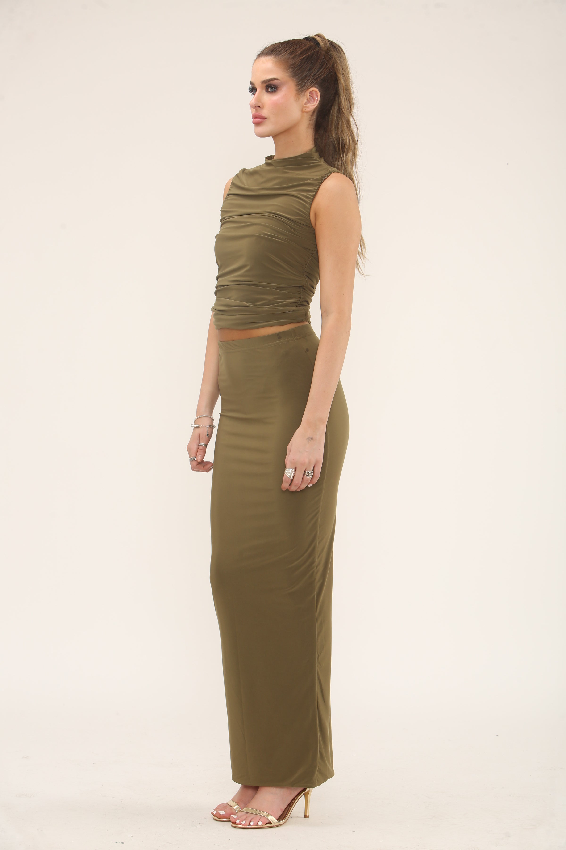 RUCHED TOP & MAXI SKIRT CO-ORD SET | KHAKI