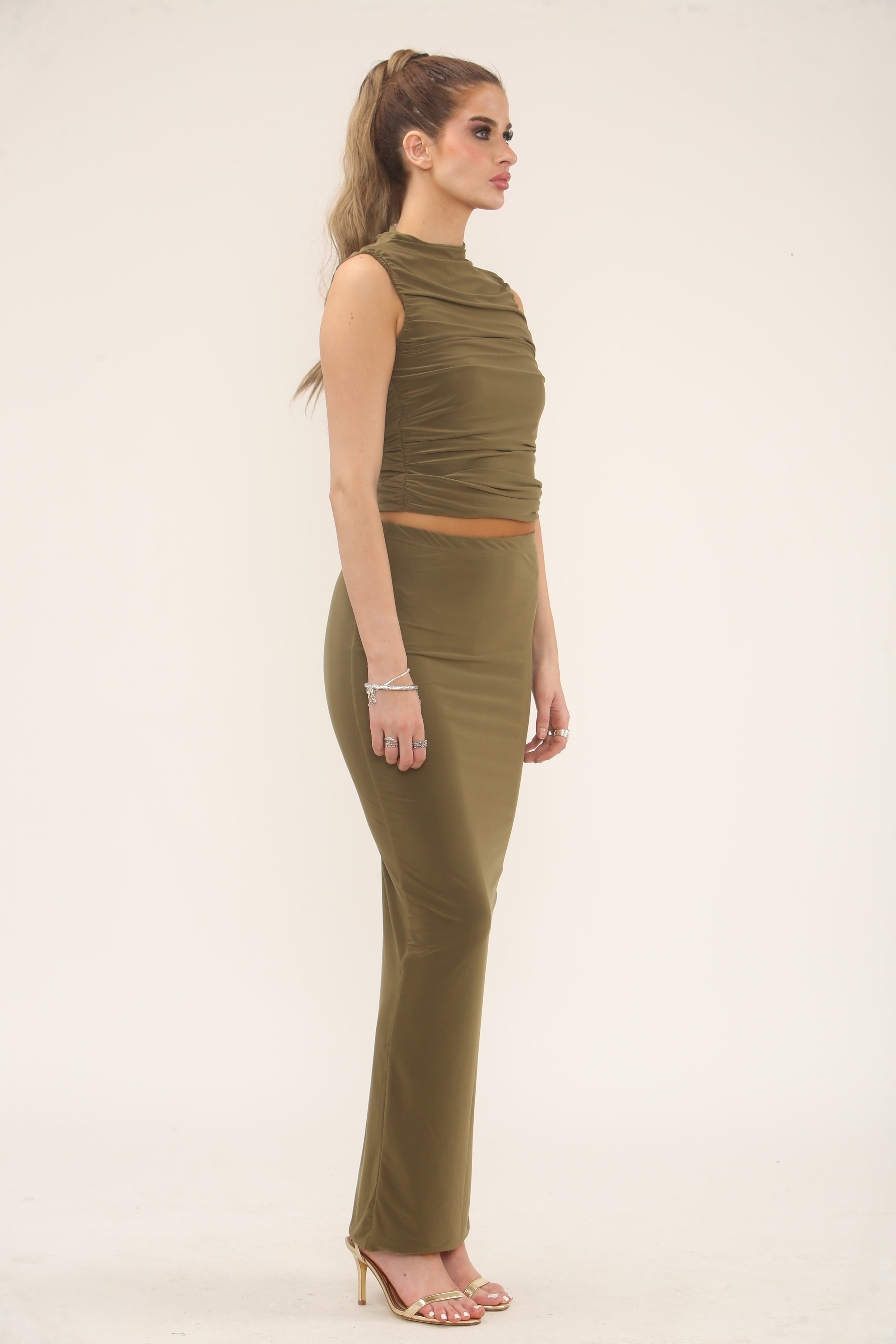 RUCHED TOP & MAXI SKIRT CO-ORD SET | KHAKI