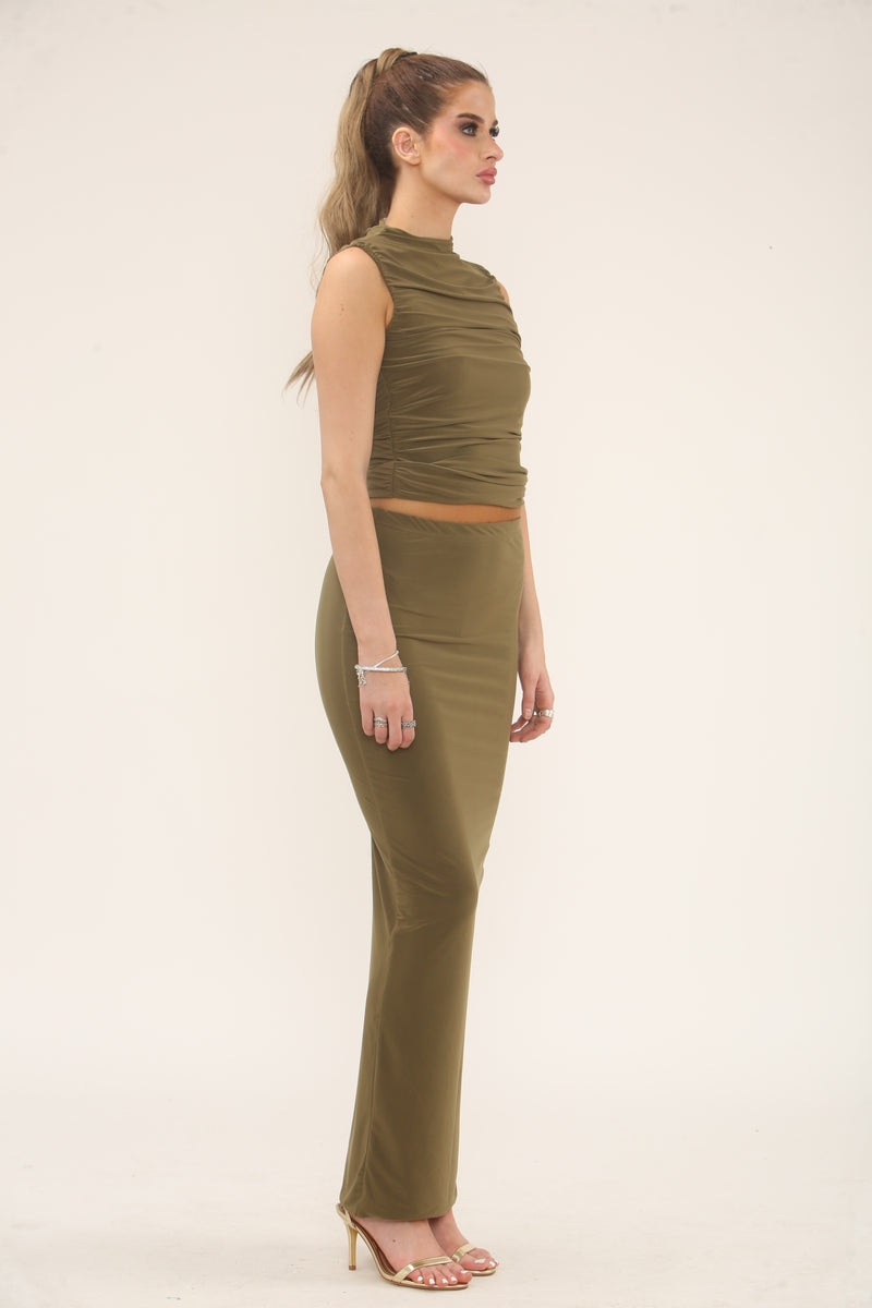 RUCHED TOP & MAXI SKIRT CO-ORD SET | KHAKI