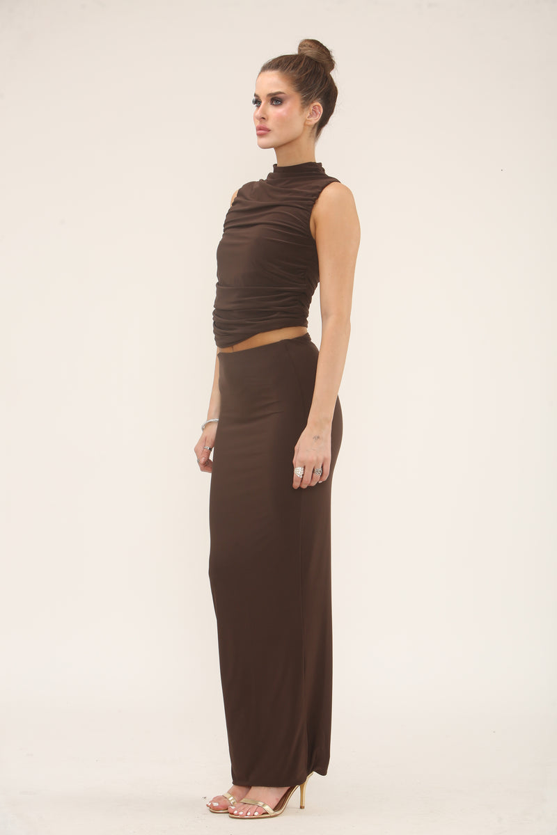 RUCHED TOP & MAXI SKIRT CO-ORD SET | CHOCOLATE