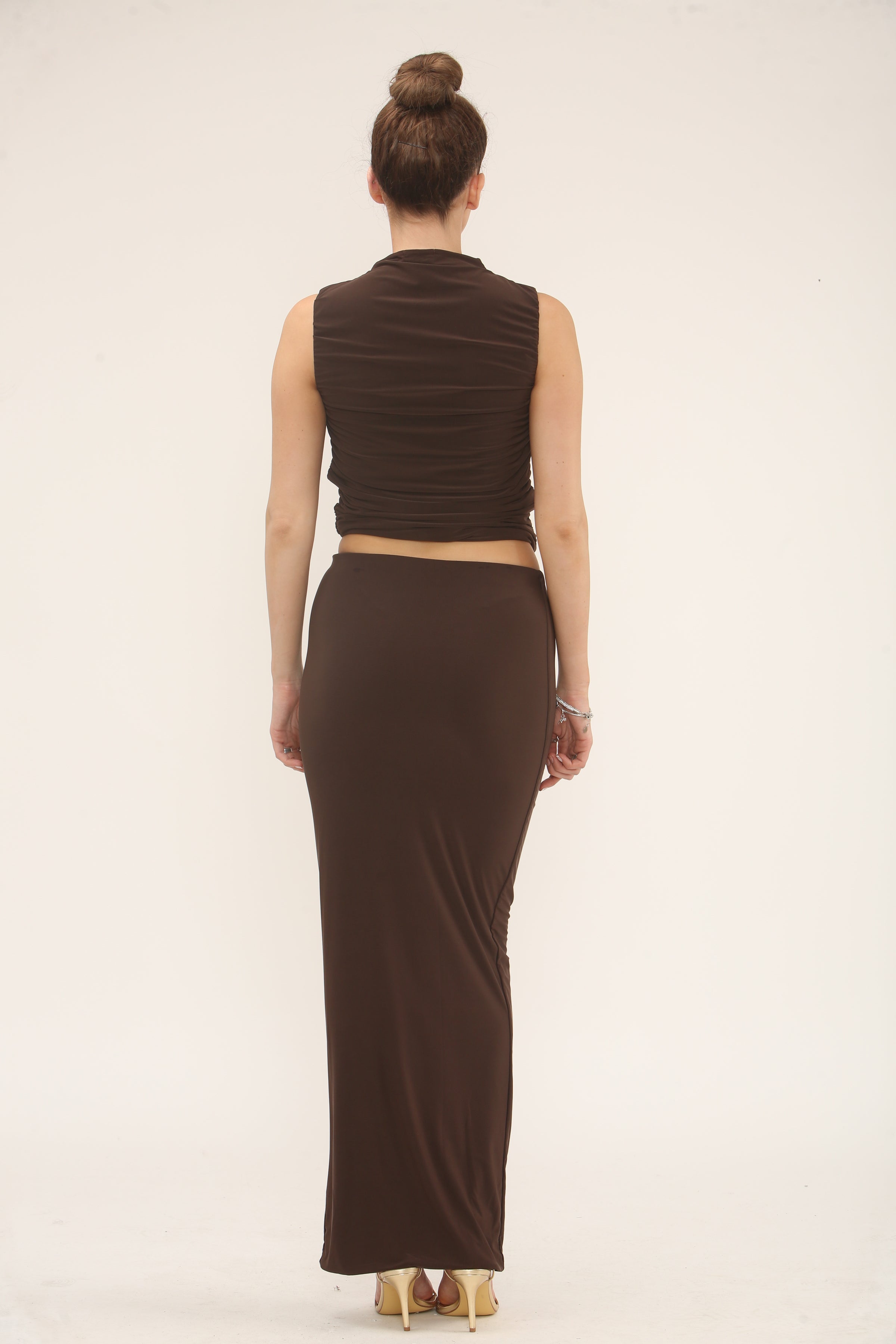 RUCHED TOP & MAXI SKIRT CO-ORD SET | CHOCOLATE